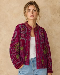 Stunning Bohemian Timeless Elegance Vintage Inspired Magenta <b>Velvet</b> Embroidered <b>Jacket</b> Coat Artisan Statement Layering <b>Jacket</b> - Product Image 1
