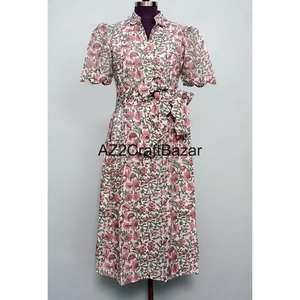 ชุดเดรสทรงเอผ้าฝ้าย 100% สำหรับผู้หญิง ทำมือ เป็นมิตรกับสิ่งแวดล้อม คอวี แขนสั้น ลายดอกไม้ ระบายอากาศได้ดี ซักได้ - Product Image 1