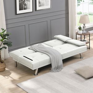 Two-Holder Armrest <b>Sofa</b> Bed with <b>Wood</b> <b>Frame</b> and Stainless Leg FUTON White PVC Material - Product Image 3