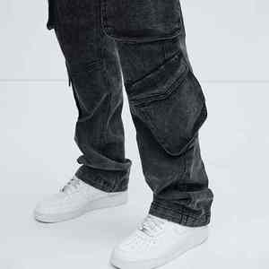 Pantalones Cargo de Mezclilla para Hombre, Negros, Corte Holgado, Cintura Media, Pierna Recta, con Bolsillos Laterales, Transpirables, Diseño Personalizado - Product Image 3