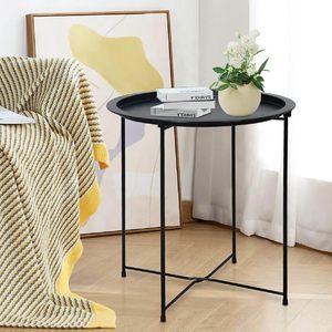Modern <b>Black</b> Metal <b>Round</b> Tray Top <b>Side</b> <b>Table</b> with Raised Edge and Slim Cross Base Legs Minimalist Accent <b>Table</b> for Living Room - Product Image 2