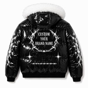 Custom Black Patent Puffer <b>Jacket</b> with <b>Fur</b> <b>Hood</b> Graphic Print Unisex Winter Outdoor Wear Wholesale Manufacturer OEM ODM Supplier - Product Image 2