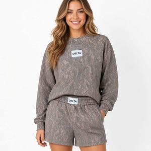 Casual Two Piece <b>Women</b> Brown Camouflage <b>Long</b> Sleeve Crew Neck Sweatshirt And <b>Shorts</b> Set Casual Two Piece Outfit - Product Image 3