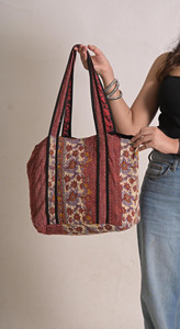 Vintage Cotton Kantha Boho Tote Bag Handstitched Reusable Shopping Bag with Printed Design Jaif Textiles JF-024 From Rajasthan - Product Image 6