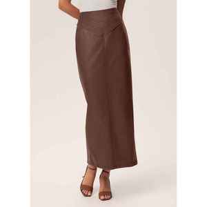 Jupe longue en jean délavé vintage pour femme, taille haute, coupe trapèze, fente, style décontracté d'été - Product Image 3