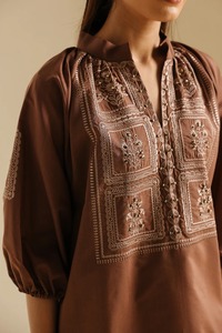 Brown Embroidered Women Kurta Palazzo Pants Set Indian Pakistani Clothing for Daily Wear - Product Image 5
