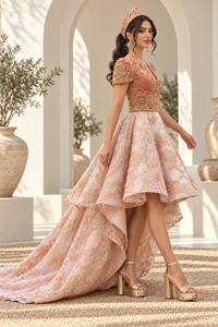 Vestido Maxi Elegante de Terciopelo Color Ciruela Mishkat Couture con Bordado Dorado, Estilo Argelino, con Túnica Asimétrica y Brocado, y Pañuelo a Juego para Fiesta - Product Image 3