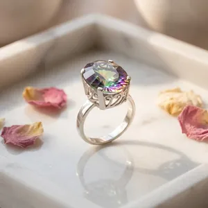 Anillo de Plata de Ley 925 con Topacio Místico, Anillo de Cóctel con Piedras Preciosas Arcoíris Hechas a Mano, Joyería de Estilo Vintage para Mujer - Product Image 3
