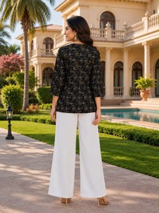 <b>Women</b> Black Paisley Printed <b>Kurta</b> Set with White Palazzo 3/4 Sleeve Loose Fit Casual Ethnic Wear - Product Image 4