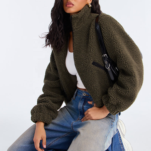 Wholesale Olive Green Fleece <b>Jacket</b> With Puff <b>Sleeves</b> Stand Collar <b>Short</b> Length Winter <b>Women's</b> Sherpa Crop <b>Jacket</b> Zip-up <b>Jacket</b> - Product Image 1