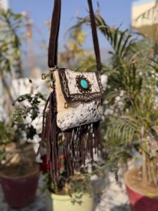 <b>Real</b> Cowhide <b>Leather</b> Fringe <b>Handbag</b> Turquoise Stone Stylish Bohemian Tassel Sling Bag Multi-Use Zipper Hot Sale Fringe Bag - Product Image 2