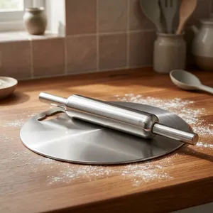 Ensemble Chakla Belan en acier inoxydable pour la cuisine, planche à rouler ronde en acier avec rouleau à pâtisserie en acier inoxydable, robuste et résistant à la rouille - Product Image 5