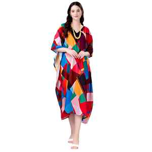 Robe Kaftan Courte pour Femme – Imprimé Paon Ethnique Jaune et Vert, Tunique Ample Festive - Product Image 1