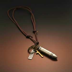<b>Titanium</b> Steel Silver Bullet Pendant Necklace for Men & Boys with Adjustable Pure Leather Cord - Product Image 2