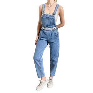 Combinaisons décontractées en denim bleu clair à col boutonné Cinchet à la taille et à manches courtes Combinaisons Jeans pour femmes Salopette Barboteuse Pantalon - Product Image 2