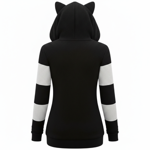 Sweat-shirt à capuche épais en polaire respirant pour femme, avec oreilles de chat, fermeture éclair, blocs de couleur mignons, poches, 100 % polyester, idéal pour l'automne et l'hiver - Product Image 4
