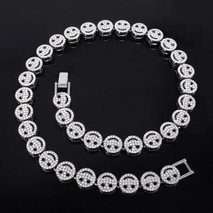 S925 Silver Moissanite Smile Face <b>Statement</b> <b>Necklace</b> Rhodium Plated Hiphop Style Beaded Chain Unisex Everyday Wear - Product Image 1