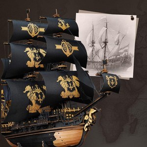 Black <b>Pirate</b> <b>Ship</b> <b>Model</b> With Gold Seahorse Sails Metal Craft Decor For Home Display - Product Image 3