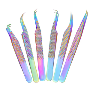 Durable New Trendy Diamond-Cut Non-Slip Grip Wholesale Rate Custom Branding Rainbow Finish Eyelash Extension and Volume Tweezers - Product Image 1