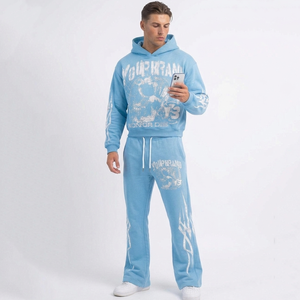 Conjunto de Sudadera con Capucha y Pantalones de Chándal Oversize de Algodón 100% con Cremallera, Estampado Personalizado, Lavado Ácido, Bordado y Pedrería - Product Image 4