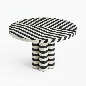 Table basse ronde à incrustations osseuses rayées vertes, motif soleil éclatant, table centrale moderne à triple colonne, table à manger sur piédestal pour salon - Product Image 4