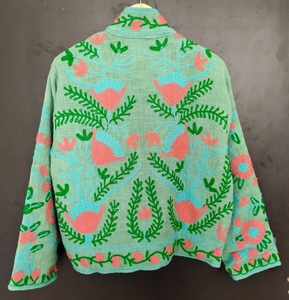 Handmade Reversible Suzani <b>Quilted</b> Jacket 100% Cotton Embroidered Boho Floral Eco-Friendly Sage Green Hand-Embroidered Artisanal - Product Image 3