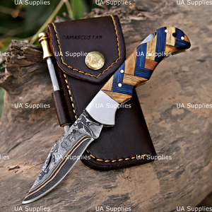 Couteau de poche pliant en cuivre damas forgé à la main, avec système de verrouillage arrière, fait main, EDC, pour le camping, la chasse, lame pointe clip, manche en bois - Product Image 3