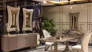 Ensemble de table à manger moderne de luxe en teck massif écologique avec 6 chaises, piédestal bronze champagne, design contemporain pour villa - Product Image 4