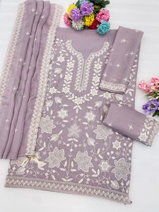 Costume en rayonne brodé lavande pour femme avec dupatta, tenue traditionnelle indienne et pakistanaise longue jusqu'au sol - Product Image 3