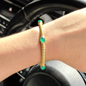 Black Green Oval Onyx Stone Women's Adjustable Cuff <b>Bracelet</b> Twisted <b>Rope</b> Texture Handmade 18k Gold Plated Bezel Set Open Bangle - Product Image 3