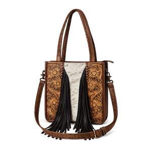 Hand Tooled Genuine Leather Hair On Cowhide Shoulder Tote Bag for Women Western Fringe Handbag Floral Embossed Crossbody Purse - Product Image 1