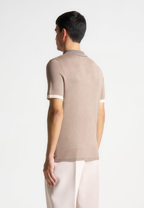 Chemise à manches courtes tricotée pour homme, rayée, color-block, fermeture éclair sur le devant, style décontracté chic, polyester/coton, logo personnalisé, durable - Product Image 2