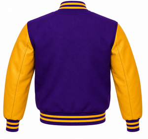 Chaqueta Varsity Morada para Hombre SINEWY, con Doble Botonadura, Mangas de Cuero PU Amarillo Bordadas y Cuello Alto - Product Image 2