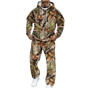 Men's Breathable 100% Cotton <b>Camo</b> Printed Hoodies Kangaroo Pockets Outdoor Casual Sports Lounge Fashion 2-Piece Sweat Set - Product Image 1
