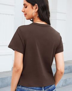 T-shirt en tricot décontracté pour femme Stile, col rond, manches courtes, coupe ample, séchage rapide, couleur unie, toutes saisons, marron foncé - Product Image 3