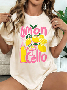 Camiseta de cuello redondo con estampado Limoncello para mujer, manga corta, corte holgado, 100% algodón, jersey, top informal de verano - Product Image 6