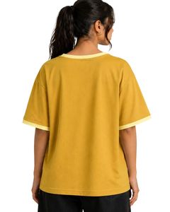 T-shirt surdimensionné personnalisé jaune moutarde pour femme, col rond décontracté, manches courtes, bordure contrastante, coupe ample, doux et respirant, idéal pour l'été - Product Image 2