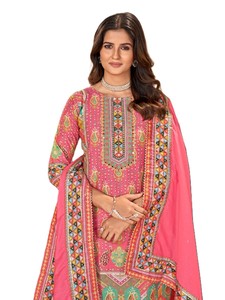 Conjunto de Salwar Kameez de Muselina de 3 Piezas Listo para Usar, Anarkali Kurta Pant, Vestido Largo Tradicional Diwali con Estampados Florales Vibrantes de Poliéster - Product Image 4