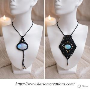 Collar de Macramé Negro Hecho a Mano con Piedra Lunar, Ajustable, Estilo Boho, con Colgante de Cabujón de Piedra Preciosa, Joyería de Cuerda, Regalo para Mujer - Product Image 2