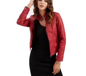 Blouson de moto unisexe en cuir PU rouge respirant avec logo frontal, col montant, fermeture éclair, coupe ajustée, longueur standard, style hiver - Product Image 2