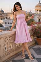 Robe d'été décontractée rose rayée sans bretelles style bohème 100 % coton anti-plis coupe trapèze à épaules smockées longueur midi pour femme
