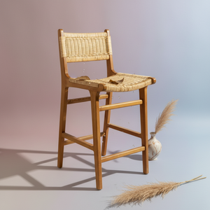 Solid Wood <b>Bar</b> <b>Stool</b> Hand Woven Rush Seat <b>High</b> Dining Chair With Backrest For Counter Kitchen Island Cafe Restaurant Furniture - Product Image 1