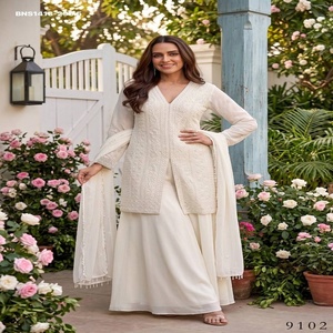 Premium Collection Chinon with <b>Beads</b> work Shervani Style Full-Sleeve Front-Slit Suit-Plain Plazzo-Latkan Dupatta Indian Exporter - Product Image 1