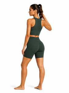 Ensemble de yoga 2 pièces gris foncé : Crop top dos nageur à col ras du cou et short cycliste taille haute, sans couture, séchage rapide, respirant, pour le sport - Product Image 3
