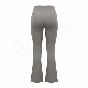 High Waist <b>Flared</b> Leg <b>Yoga</b> <b>Leggings</b> Solid Gray Seamless Elastic Waist Ankle-Length Spandex Nylon - Product Image 2