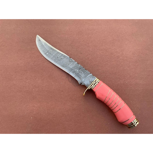 Top New Handmade Damascus Steel 14" Ambidextrous Multi-Purpose Bowie Hunting Survival Knife Pink Resin Brass Handle Personalized
