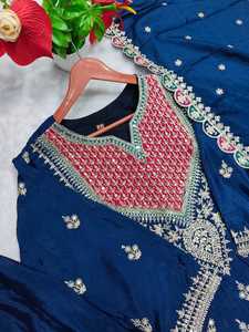 Conjunto de traje Sharara de seda al por mayor con bordado elaborado, yoke en contraste, Gharara acampanada, Dupatta festiva para bodas indias y pakistaníes - Product Image 6