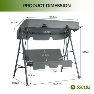 Set Altalena in Ferro con Capacità 250kg, 68*43*60 Pollici, Tessuto Oxford Grigio Scuro, Stile KD con Tettuccio e Cuscino per Patio - Product Image 3