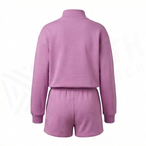 Ensemble en molleton 2 pièces pour femmes, sweat-shirt à demi-zip uni et short au-dessus du genou, coupe ample décontractée, vêtements de printemps et d'été - Product Image 2