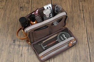 Custom Logo Canvas Leather Toiletry Bag Mens Vintage Shaving Dopp Kit Wholesale Travel Cosmetic Organizer <b>Case</b> LCTB-0003 - Product Image 4
